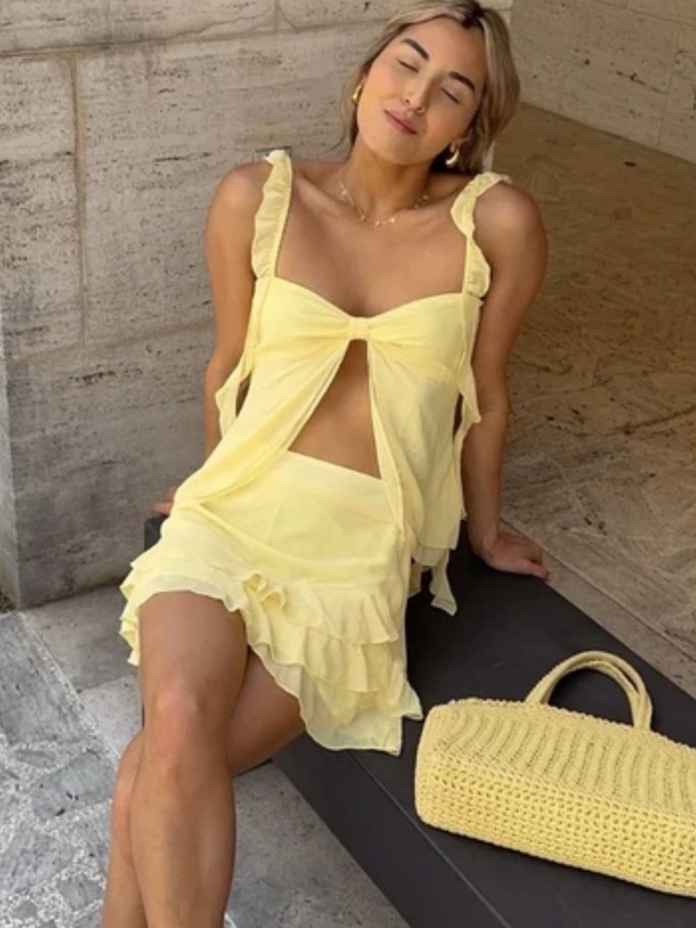 Women’s Yellow Ruffle Chiffon Skirt Set — Lightweight Summer Two-Piece